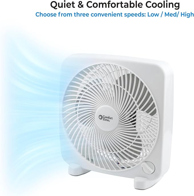 Comfort Zone Box Fan, 9 inch Portable Desk fan, Quiet 3 Speed Mini Fan for Bedroom, Electric Bedside Table Fan, White