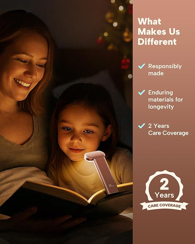 86lux Book Light, Reading Light for Book in Bed, USB Rechargeable LED Night Light with 3 Colors & Stepless Dimming, Aluminum Alloy Bookmark Light for Book Lovers, Rose Gold