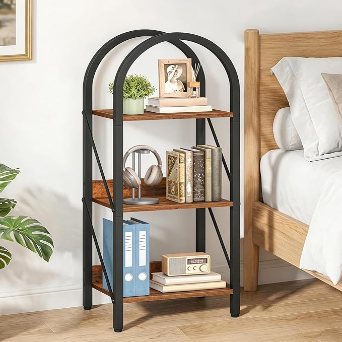 HOOBRO Bookshelf, 3-Tier Arched Bookshelf, Industrial Bookcase with Metal Frame, Book Shelf Storage Organizer for Living Room, Office, Bedroom, Rustic Brow and Black BF423SJ01