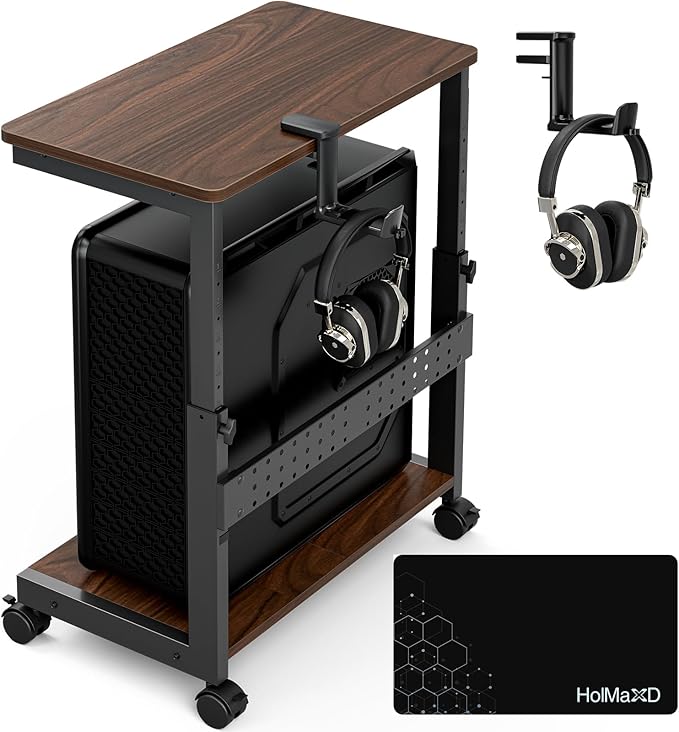 Height Adjustable Computer Tower Stand, 2-Tier ATX-Case CPU Holder with Mouse Pad & Headphone Stand, Mobile PC Standing Under Desk, Home Office Gaming Accessories, Computer Cart, Walnut