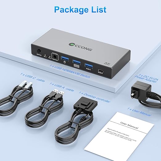 USB C HDMI KVM Switch 1 Monitors 2 Computers,4K@60Hz KVM Switch 2 Port for 1 Laptop 1 Desktop Share 1 Monitor Keyboard Mouse Printer and 100W PD Charging for Laptop,Wired Remote 2 USB Cable Included