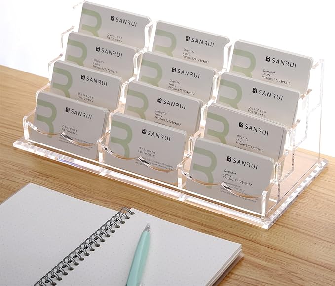 SANRUI Business Card Holder for Desk Clear Acrylic Business Card Holders, Business Card Display Stand 4 Tier 12 Slots