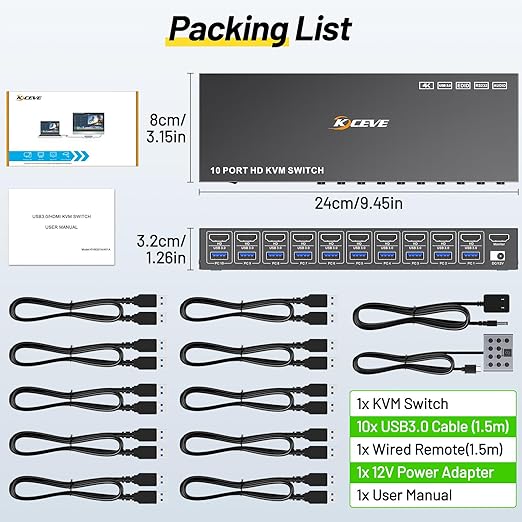 10 Port 8 Port KVM Switch HDMI 4K@60Hz EDID Simulation, USB 3.0 HDMI KVM Switch for 10 Computers Share 1 Monitor and 4 USB Devices, KVM Switches with Audio RS232 Wired Remote 12V Power and USB Cable