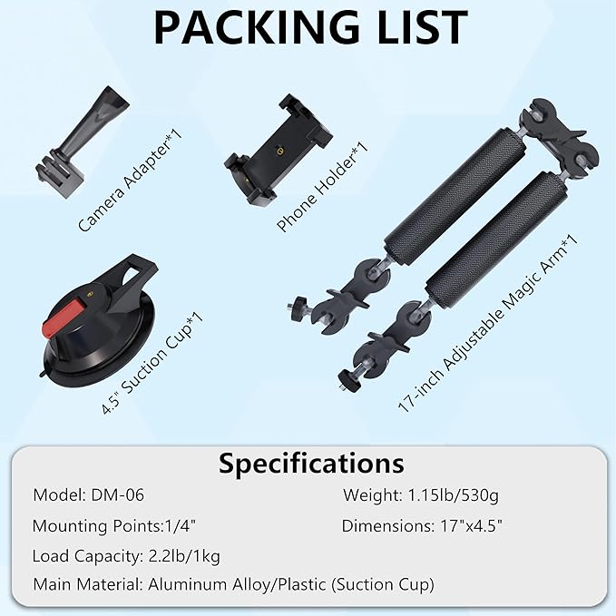 4.5" Suction Cup Magic Arm Mount Kit:Versatile Car Mount & Desktop Phone Holder Complete with 1/4" Thread Phone Holder & Camera Adapter | Perfect for Phone、Webcam、Action Camera、Video Light