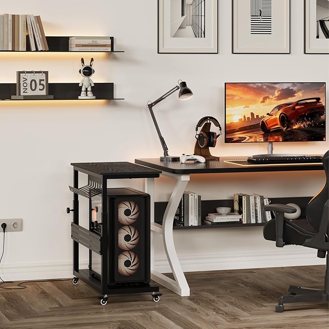 Computer Tower Stand, 11 Level Height Adjustable PC Stand with Line Storage Rack, Mobile Rolling CPU Holder Cart for Gaming Office Home (Black)