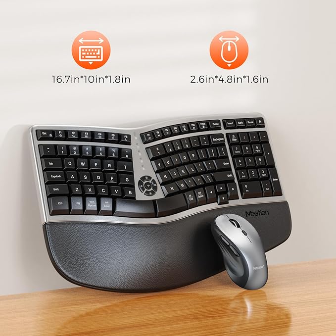 MEETION Ergonomic Wireless Keyboard and Mouse Combo, 2.4G Curved Compact Keyboard with Cushioned Palm Rest, 4 Level DPIs Adjustable Wireless Mouse, for Windows/Mac/Desktop/Laptop/PC, Gray Black