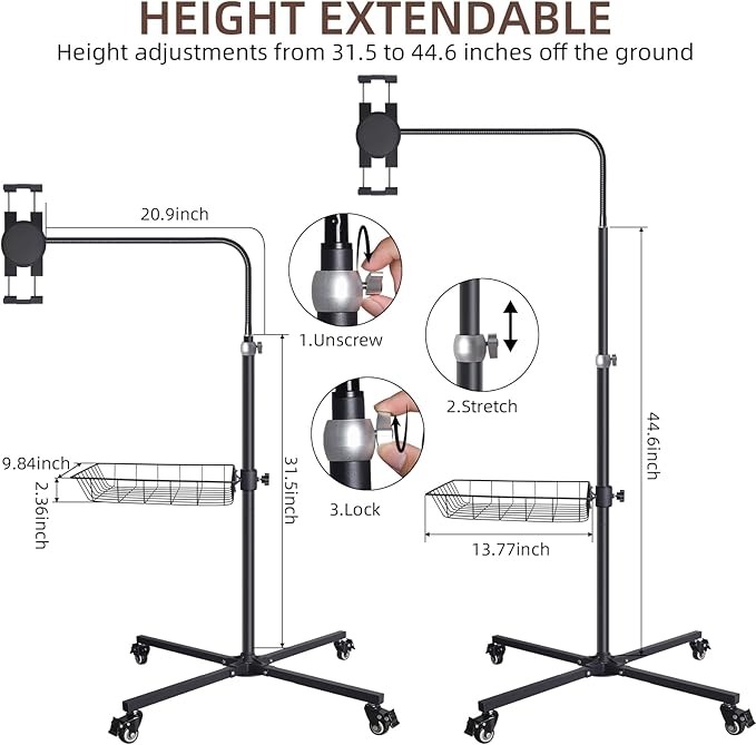 Premium Rolling Tablet Floor Stand with Heavy Duty Industrial Wheels & Storage Basket, Tall Adjustable iPad Stand Floor on Wheels, Universal Mount Holder for iPad Pro, Air, Mini, Phone