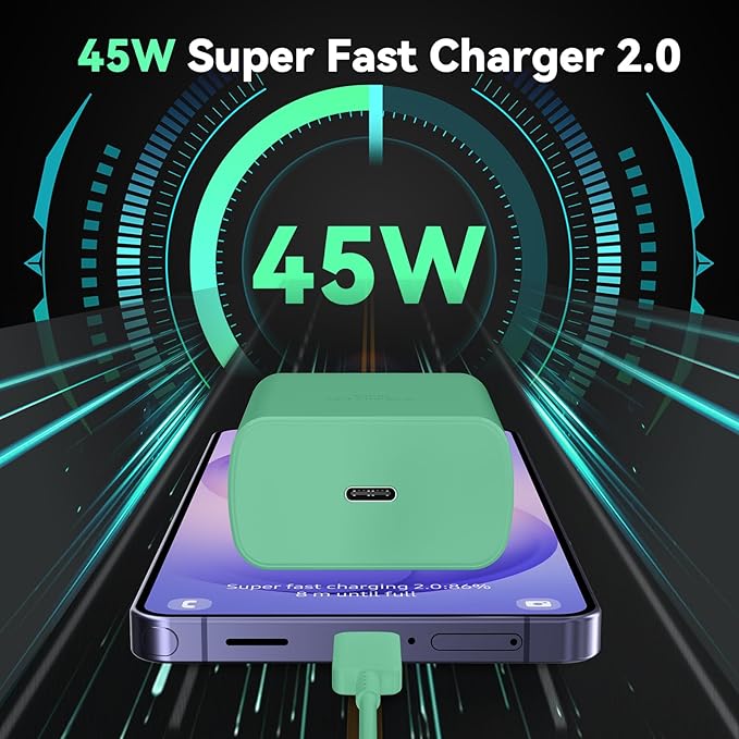 45W Super Fast Charger USB C Android Phone Type C Charger Fast Charging Block with 6.6FT Cord for Samsung Galaxy S26/S26 Ultra/S26+/S25 Ultra/S25/S24 Ultra/S24/S23 Ultra/S22/S21/S20/Note 10, Green