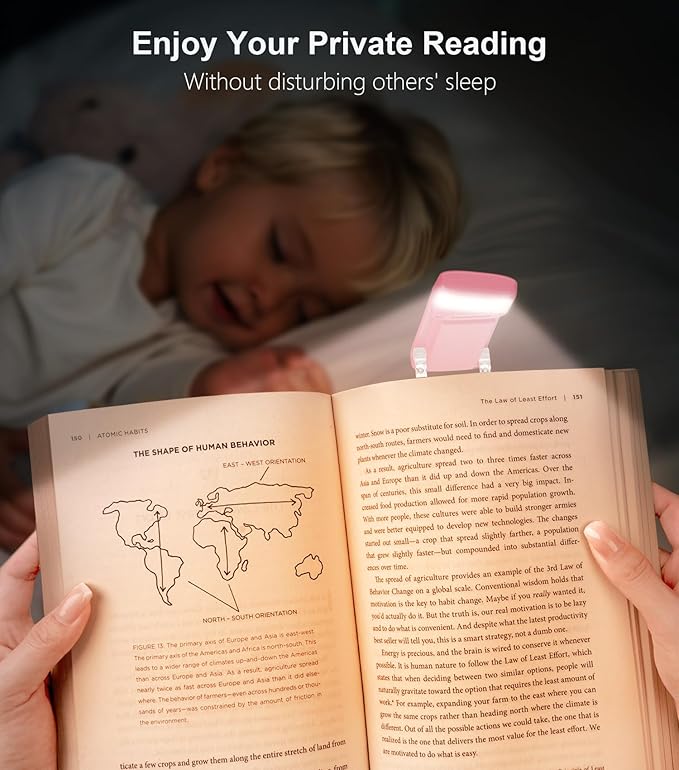 Gritin Book Light Rechargeable, Eye Caring 3-Color & 5-Brightness Clip on LED Reading Light for Books in Bed- Stepless Dimming, Long Lasting, Compact Size Flexible Book Lamp for Bookworms-Warm Pink