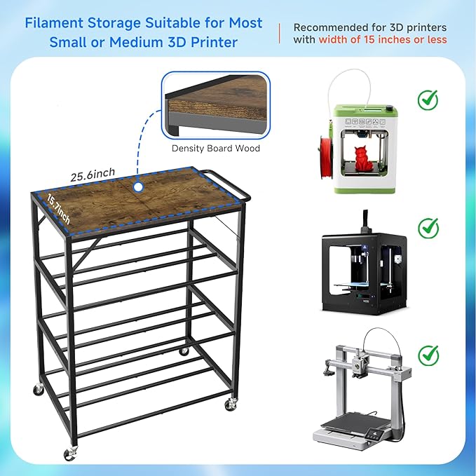 4-Tier 3D Printer Stand for Filament Storage,Heavy Duty 3D Printer Table Cart Holds 52 Spools,3D Printer Filament Rack with Wheels & Wood Top,3D Printers Cart for Workshop,Studio,Home Office (Brown)