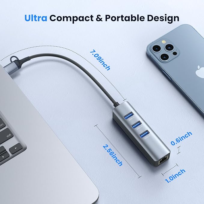 USB to Ethernet Adapter, ABLEWE USB 3.0/USB C to RJ45 Gigabit LAN (1000Mbps) Network Adapter, Compatible with MacBook/Pro/Air, iPhone 15/16 Pro/Max, iPad Pro, Surface Pro, Windows 11/10/8/7, MacOS