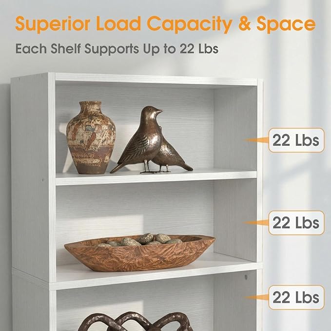 Sweetcrispy Industrial 5 Shelf Bookcase - Large 53 Inch Tall Floor Standing Open Bookshelf for Home Office, Living Room, and Bedroom Storage, Classic White