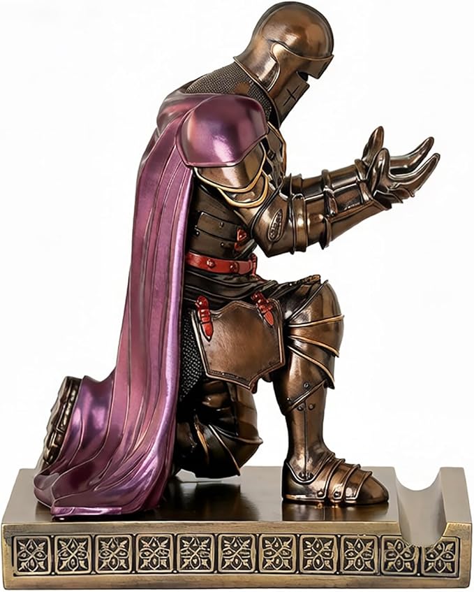 Medieval Armored Warrior Wearing Outerwear, Mobile Phone Stand Knight Pen Holder Desk Organizers, Resin Bookends Paperweight with a Letter Opener for Desk (Brown&Purple)