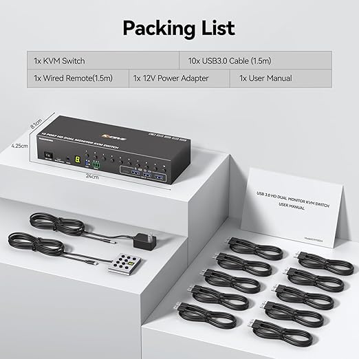 10 Port HDMI KVM Switch 2 Monitors 10 Computers 4K@60Hz EDID Simulation,Dual Monitor KVM Switch with 4 USB 3.0 Ports for Keyboard Mouse Printer,Audio RS232,with Controller,12V Power and 10 USB Cables