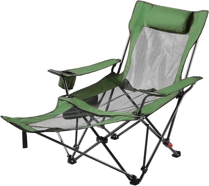 VEVOR 2-in-1 Reclining Camping Chair with Footrest for Adults, 4 Adjustable Positions, Portable Folding Lounger, Lightweight Mesh Beach Chair Supports 220lbs, Heavy Duty Camp Chairs Outdoor, Green