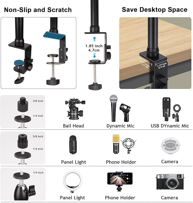 Camera Desk Mount Heavy Duty Aluminum Alloy with 360° Ball Head - Adjustable 15.7-35.4 Inch Table Clamp for DSLR, Webcam, Ring Light, Live Streaming & Video Shooting