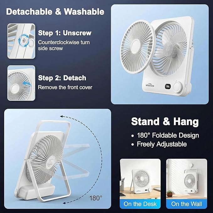 WHATOOK Large Travel Desk Fan: 10000mAh Battery 40 Hours Runtime Silent Rechargeable Fans, Quite Personal Portable Fan for Camping Bedroom Office Small Desktop fan (8.3 * 7.1inch White)
