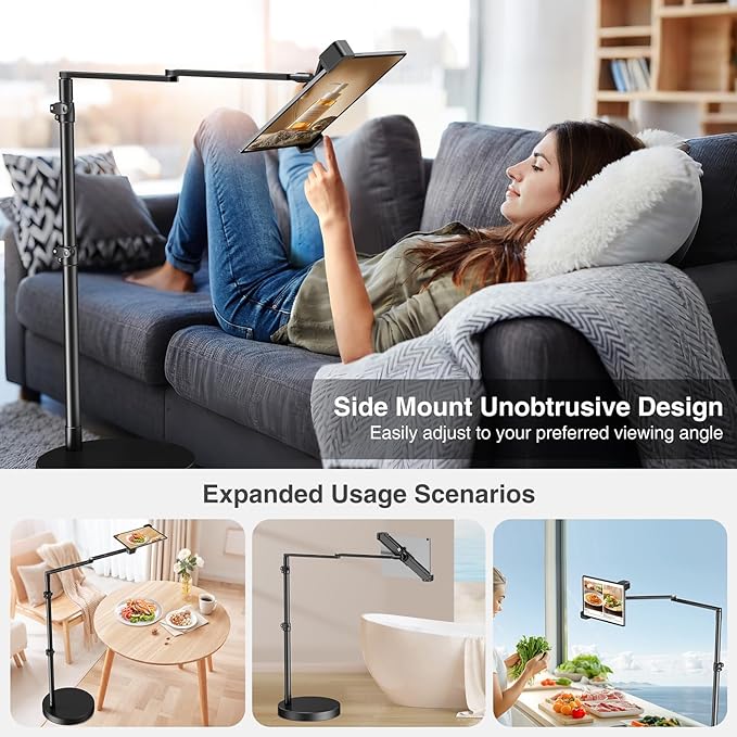 elitehood Diagonal Design iPad Floor Stand with Heavy Duty Base, 24in Horizontal Long Arm Tablet Floor Stand Holder for Bed Recliner Sofa, Compatible with iPad mini Air Pro 13/12.9 and 9-14in Devices