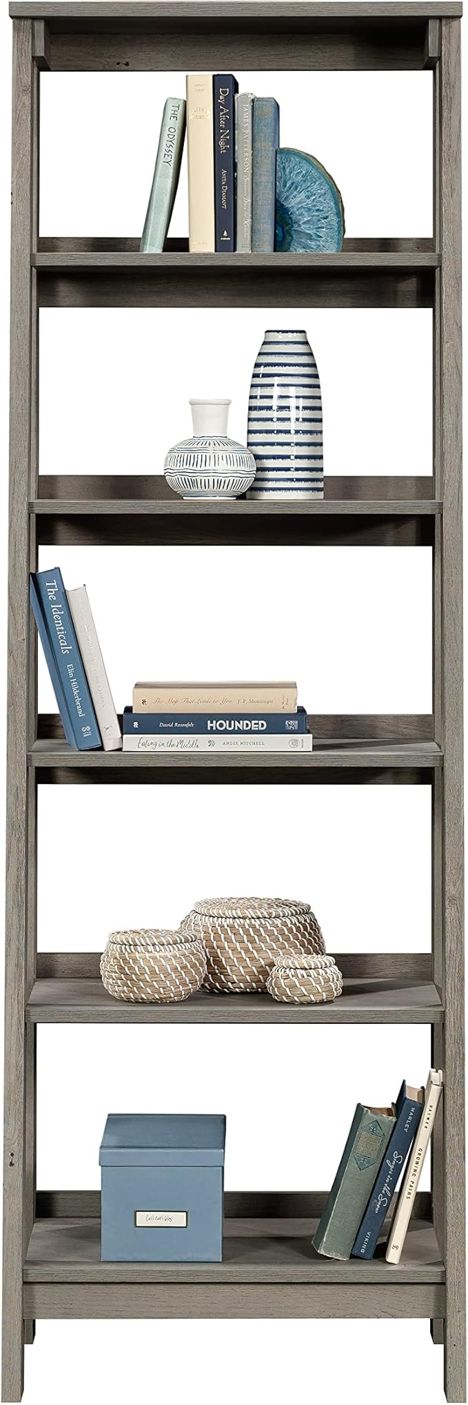 Sauder Ladder Bookshelf 5 Tier Trestle Ladder Shelf Wooden Bookcase, in Mystic Oak