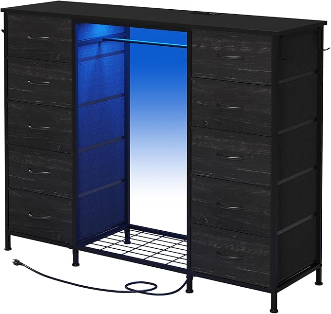 LUMTOK 55" W 2-in-1 Dresser with Hanging Rack, 10 Drawers Dresser for Bedroom,Dressers with Fabric Drawers,LED Lights, Charging Station and Hanging Racks for Bedroom