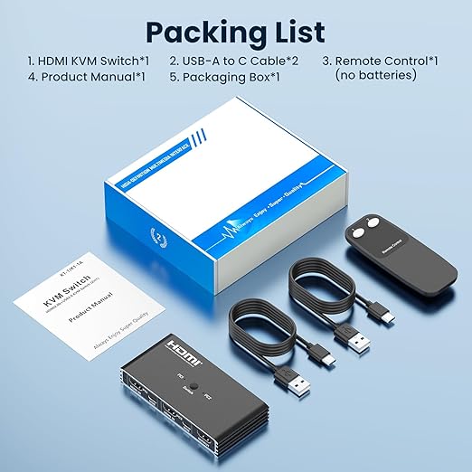 HDMI KVM Switch 2 Computers 1 Monitor 4K 60Hz, 2 Port USB HDMI Switcher with 4 USB Ports, Remote Control, KVM for Laptop PC Keyboard Mouse Printer, Compact Work from Home Tool