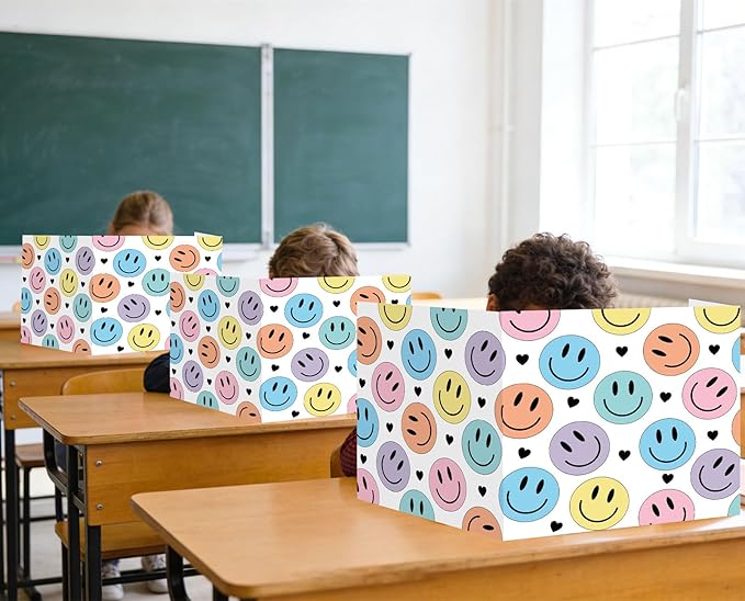 Whaline 24Pcs Student Desk Privacy Boards Classroom Desk Divider Smile Face Shield Privacy Panel Folders Screen Partition for School Teacher Student Test Supplies
