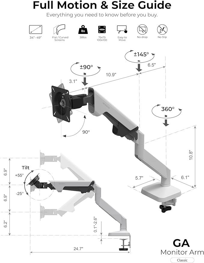 Modernsolid Heavy Duty Monitor Arm Desk Mount for 34-49 Inch Ultrawide Curved Monitors, Supports 14-38 lbs, Gas Spring Ergonomic Full Motion with Cable Management, Red Dot Design Awarded, White