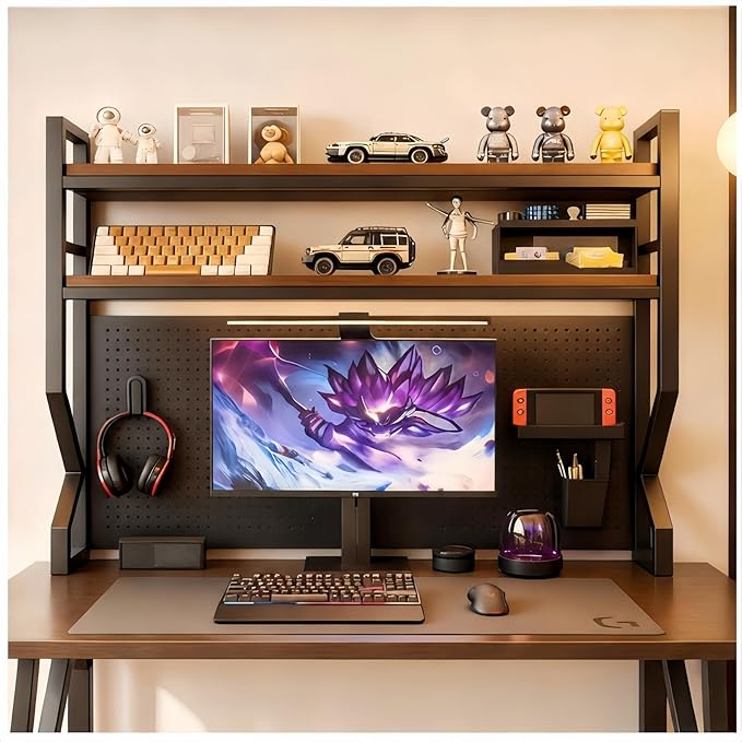 Desktop Hutch Bookshelf,Many Gifts,Metal Desktop Bookcase with pegboard, Desk Shelf, Countertop Storage Organizer Rack for Dorm or Office,Desktop Shelves (Natural+Black, 53.1" Lx9.9 Wx39 H)