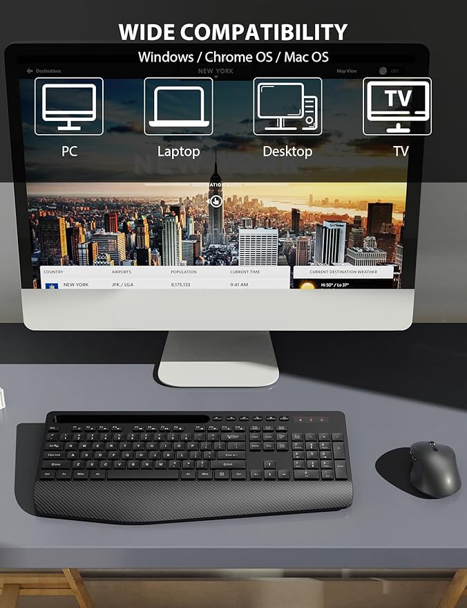 Wireless Keyboard and Mouse Combo - Full-Sized Ergonomic Keyboard with Wrist Rest, Phone Holder, Sleep Mode, 2.4G Quiet Keyboard for PC Laptop, Complete Work Setup for Office or Home -Trueque KM23