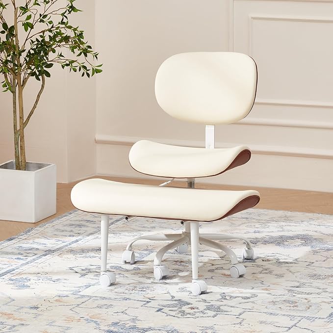 EROMMY ADHD Chair with Wheels Retractable footrest, Wide and Thickened Criss Cross Chair, Ergonomic Cross Legged Kneeling Desk Chairs for Meditation Yoga, Beige & Brown