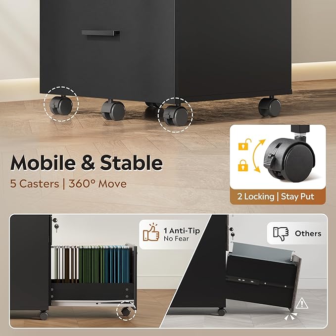 DEVAISE 3 Drawer File Cabinet with Lock & Wheels, Wood Printer Stand, Mobile Filing cabinets for Home Office, Fits Letter/A4 Size, Black