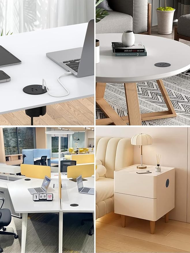 Desk Power Grommet,2.5inch(60mm)Hole Grommet,Recessed Power grommet Fast Charging Station PD20W USB-C Port,Desktop Countertop Grommet Outlet,Flush Mount for Office Tables,Furniture,6.6FT Cord (Black)