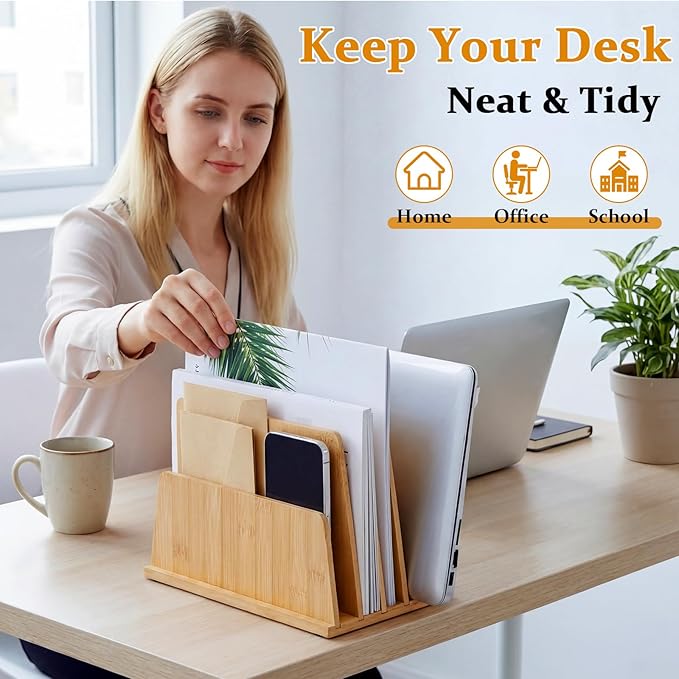 Unittype Bamboo Multi Device Organizer, 5 Slots Vertical Laptop Storage Rack, Computer Charging Station for Smartphones, Tablets and Laptops, Space Saving Organizer for Home Office