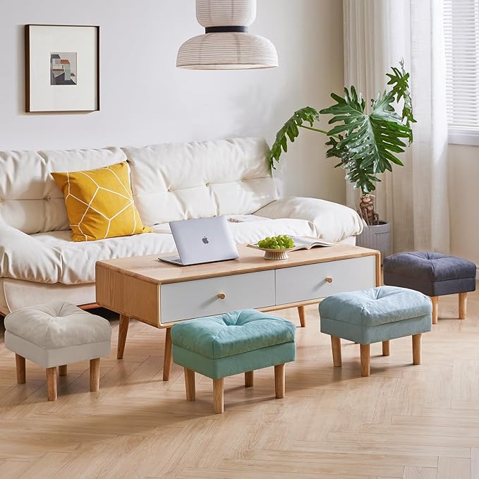 YMYNY 15.75" Small Foot Stool Ottoman, Footrest with Sponge Soft Padded Seat, Cotton-Linen Blend Fabric Footstool for Sofa, Bedroom, Living Room, Entryway, Solid Wood Legs, Beige, UHBD023M