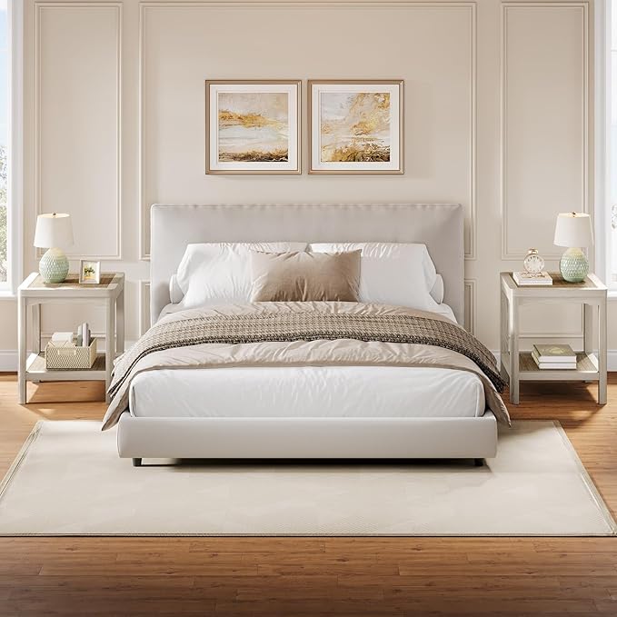 Eclatara Rattan End Table, Farmhouse Square Nightstand for Bedroom, Accent Side Table wtih Protective Round Edge and Ultra-Thick Stable Legs, Creamy White