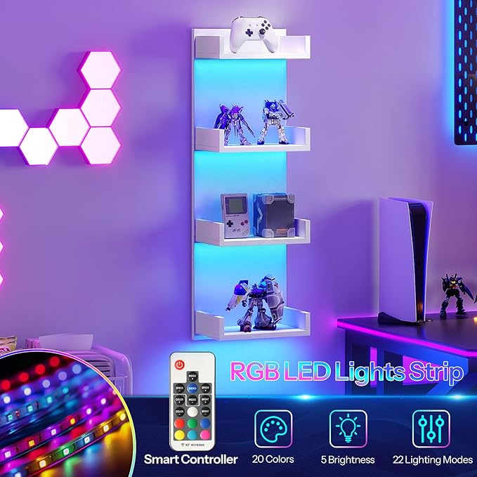 HOOBRO Floating Wall Shelves with LED Lights, Floating Shelf Wall Mounted for Storage, Vertical Display Stand, Modern Column Rack, for Bedroom, Livingroom, 4-Tier, 35.8 Inches, White, WT41DBJ01