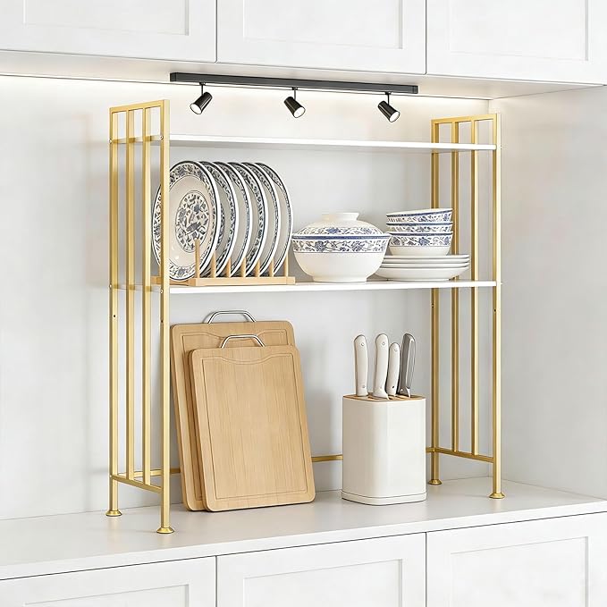 Adjustable Desk Hutch Dorm 2-Tier Rust-Proof Iron Desk with Hutch & Desk Shelf for Top of Desk | Multi-Surface Organizer for Office, Kitchen(Gold)