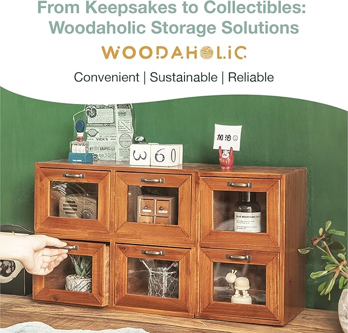 Modular Stackable Set of 3 Desktop Drawers Display Organizer - 6-Drawer Wood Organizer for Desk - Vintage Countertop with Clear Doors - Organizer Box for Card Catalog, Collectibles Storage