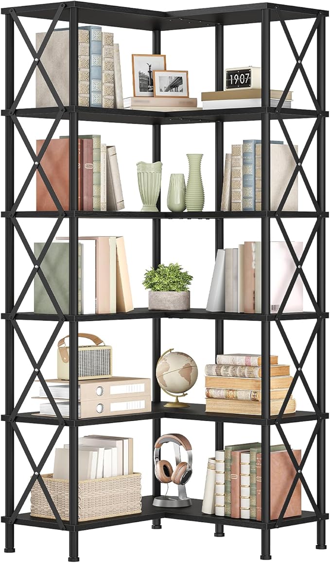 HOOBRO Corner Bookshelf, 6-Tier L-Shaped Bookcase, Industrial Open Display Shelf Tall Storage Organizer, Vertical Storage Rack, for Living Room, Home Office, Black BB61SJ01