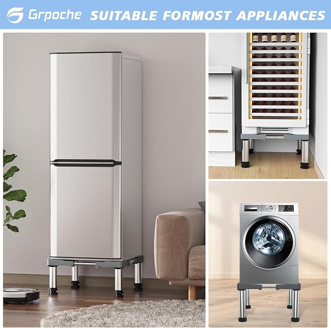Mini Fridge Stand with 4 Strong Feet Washing Machine Stand Base Adjustable Universal Stand Base for Portable Refrigerator Dryer Stand Laundry Pedestal Appliance 7.9"-9.1" Height(Gray)45-65 cm