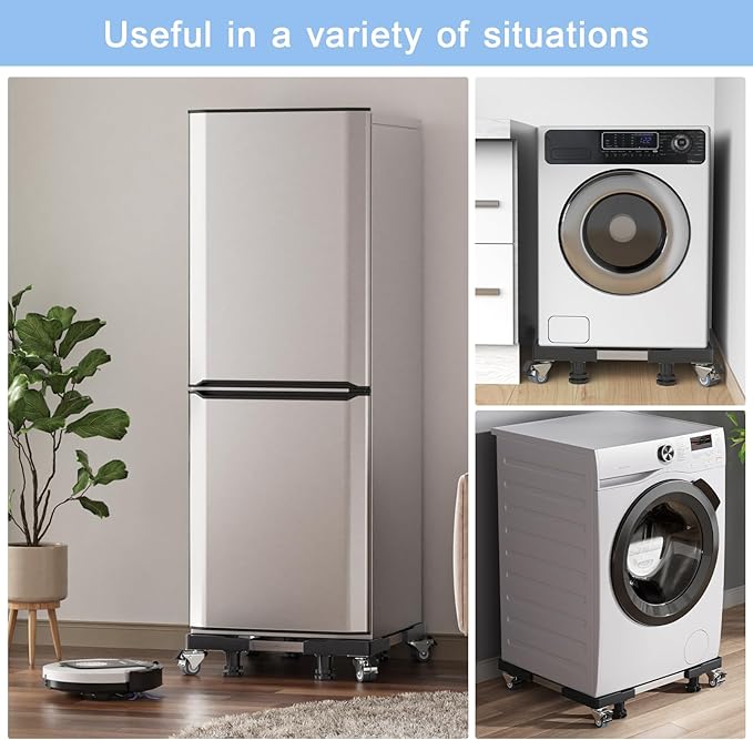 Mini Fridge Stand with 4 Locking Twin Wheels Washing Machine Stand Base 4 Strong Feet Adjustable Universal Mobile Roller Base for Furniture Portable Refrigerator Dryer Stand 45-65 cm(Black, 440LB)