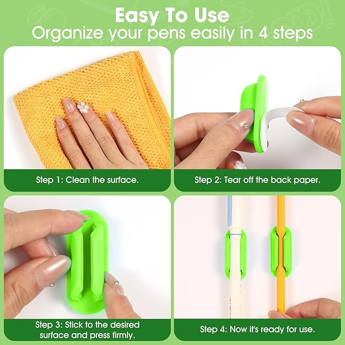 VZZNN 20 PCS Adhesive Pencil Holders for Desk, Silicone Pen Holder for Notebook Wall Clipboard, Durable Pencil Holder for Classroom School Office Home Teacher Student Supplies, Green