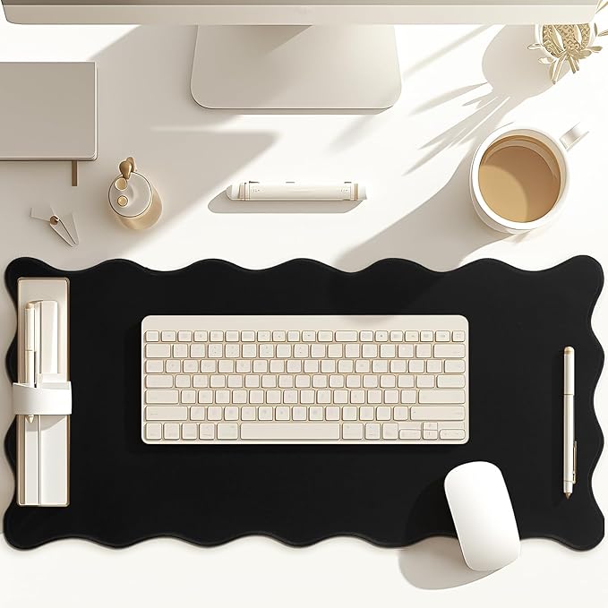 Hahafelt Scalloped Desk Mat Large Scalloped Piping Cute Desk Mat Aesthetic Preppy Table Pad Large Nonslip Pad with Edge Stitching Waterproof Gaming(Black,31.5 x 15.8 Inches)