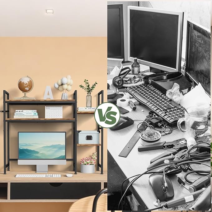 Desktop Bookshelf Hutch Desk Shelf 4 Tier Desktop Organizer Shelf for Computer Monitor 37.4" W Desk Hutch Organizer for Computer Desk Computer Desktop Bookcase for Home Office Dorm, Rustic Brown