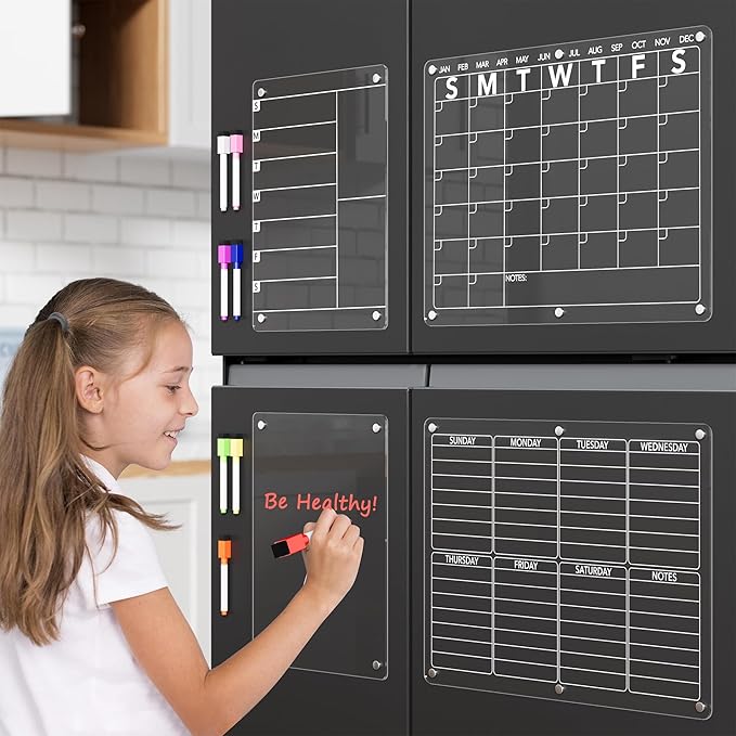 Neatsure 4Pcs Acrylic Magnetic Dry Erase Board Calendar for Fridge, Clear Monthly Weekly Daily Meal Menu Planner Whiteboard for Refrigerator, Notepad Memo White Board, w/ 8 Colors Markers, 15"x11"