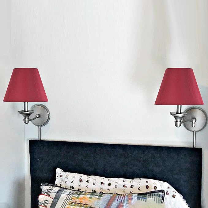 GO&SO Burgundy Red Lamp Shades Set of 2 Small-5" Top× 9”Bottom × 6.4”High Spider Drum Lampshade for Table Lamps Bedside Lamp,Morden Lamp Shade Replacement,Natural Silk Barrel Shade for Bedroom