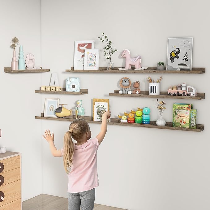 FLYJOE Picture Ledge Shelf, Floating Shelves Set of 2, 48 Inches Long Large Nursery Book Shelves for Toys Storage, Kids Bookshelf Wall Mounted for Living Room Bedroom Decor Books Photo Frames,Grey