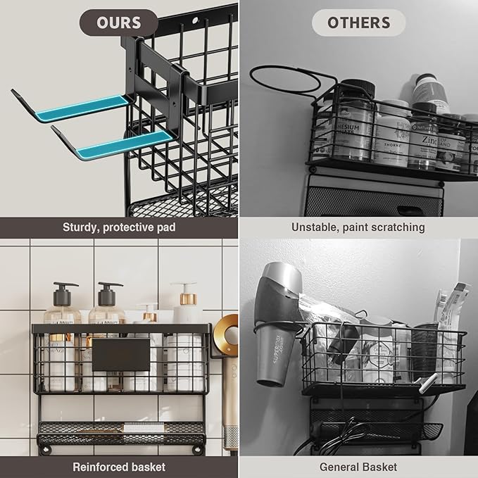 Magheo Hair Dryer Holder Wall Mounted, Adheisve Hair Styling Tool Organizer for hair Brush/Appliance Wall Mount with 5 Tier Shelf Basket Hooks Blow Dryer and Straightener Holder for Bathroom(Black)