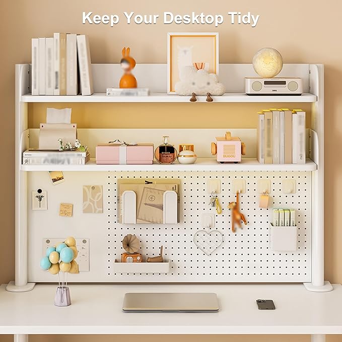 Clamp On Desk Shelf Pegboard Stand Desk Back Panel, White Desktop Bookshelf Storage Shelves, Space Saving Tabletop Display Rack Organization(60 * 95cm)