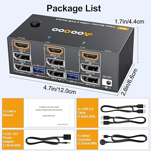 8K@60Hz HDMI Displayport KVM Switch 3 Monitor 2 Computer 4K@144Hz Triple Monitor KVM Switches with USB 3.0 Port,Wired Remote,Power Adapter and USB3.0 Cables(6.6 cm 2 PC 3 Monitor 8K KVM)